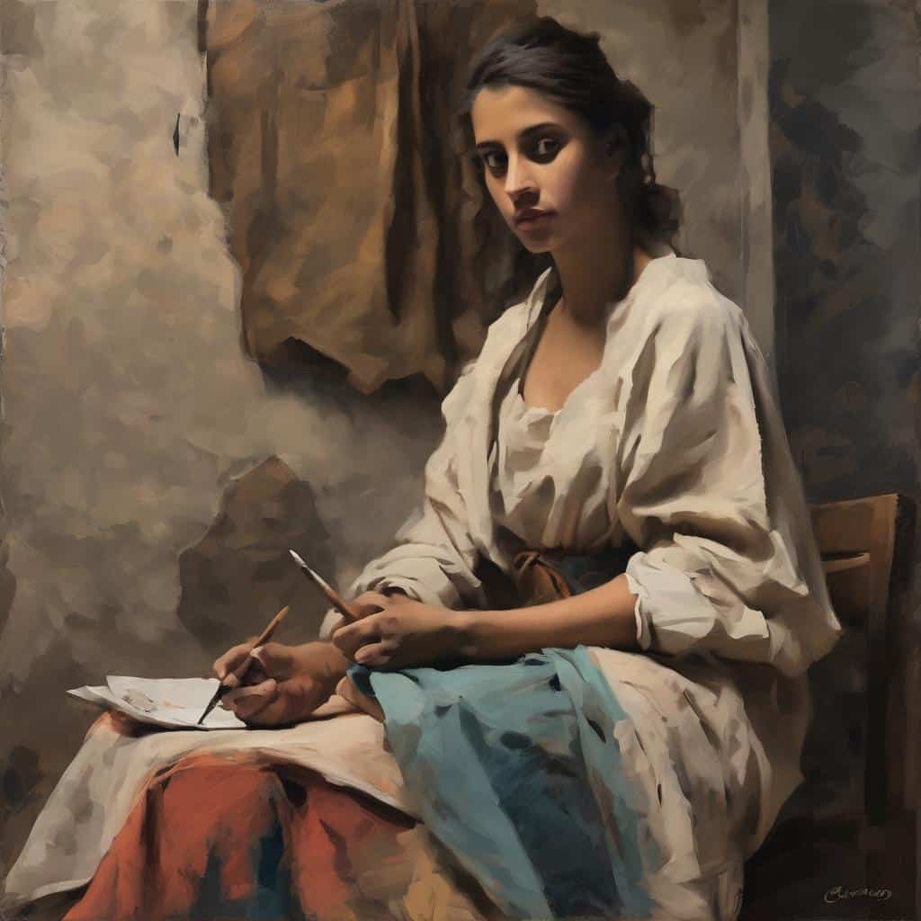 Γυναικεία καλλιτεχνική δημιουργία με πινέλα σε ελαιογραφία, σύγχρονη τέχνη και έκφραση.